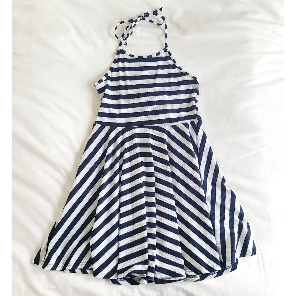 Minkpink Mini Halter Dress Women's Medium Blue White Striped Sleeveless Pleated